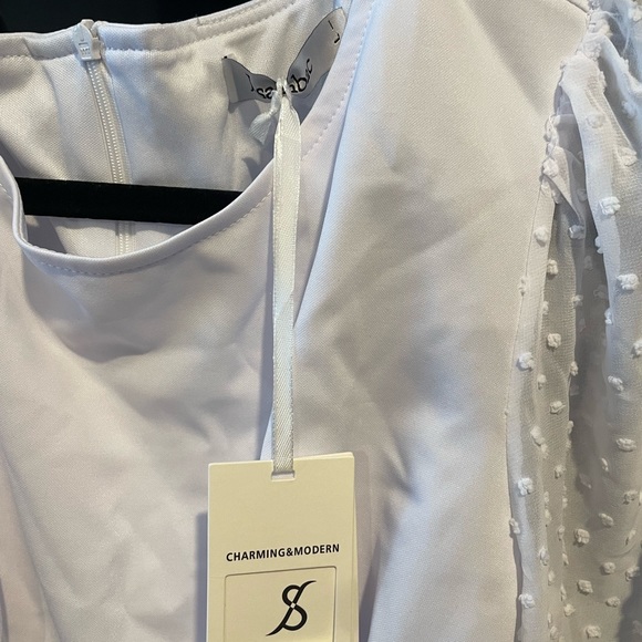 JASAMBAC Women's Bodycon Pencil Dress Swiss Dot Lantern Sleeve Work Dresses with - Picture 6 of 6